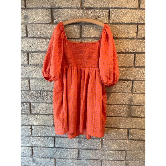 Nobodys Child Orange & Pink Textured Smocked Mini Dress With Puff Sleeves UK 18 - Picture 5 of 6